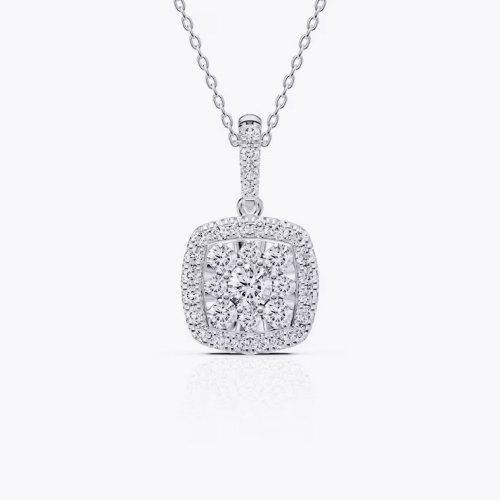 Platinum White 0.50ct Diamond Cushion Shaped Cluster Pendant Necklace