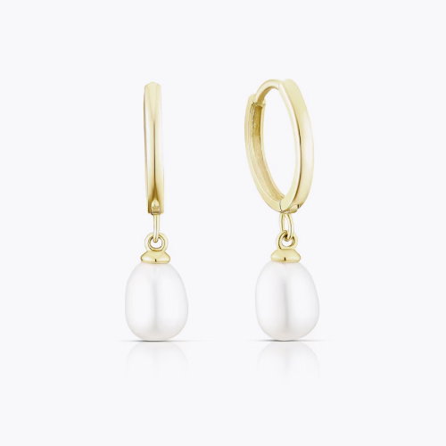 9ct Yellow Gold Cultured Freshwater Pearl Drop Hoop Earrings
