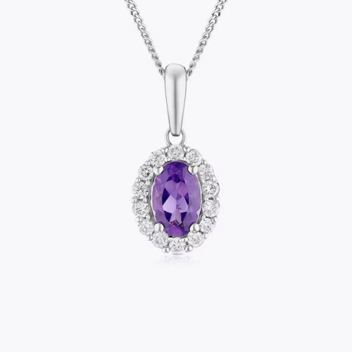 9ct White Gold Amethyst & 0.15ct Diamond Halo Pendant