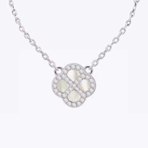 Sterling Silver 15.75+2 Mother of Pearl & Cubic Zirconia Clover Necklace