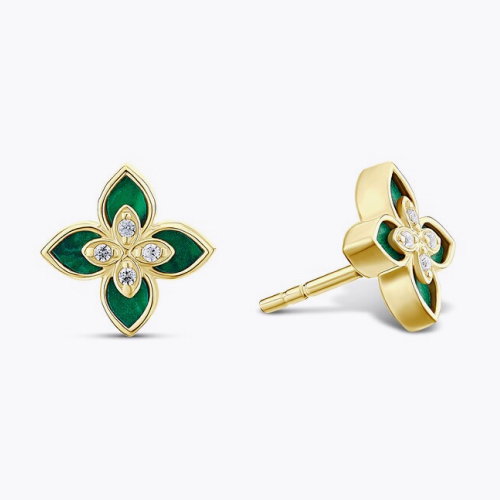9ct Yellow Gold 8mm Created Malachite & Cubic Zirconia Floral Stud Earrings