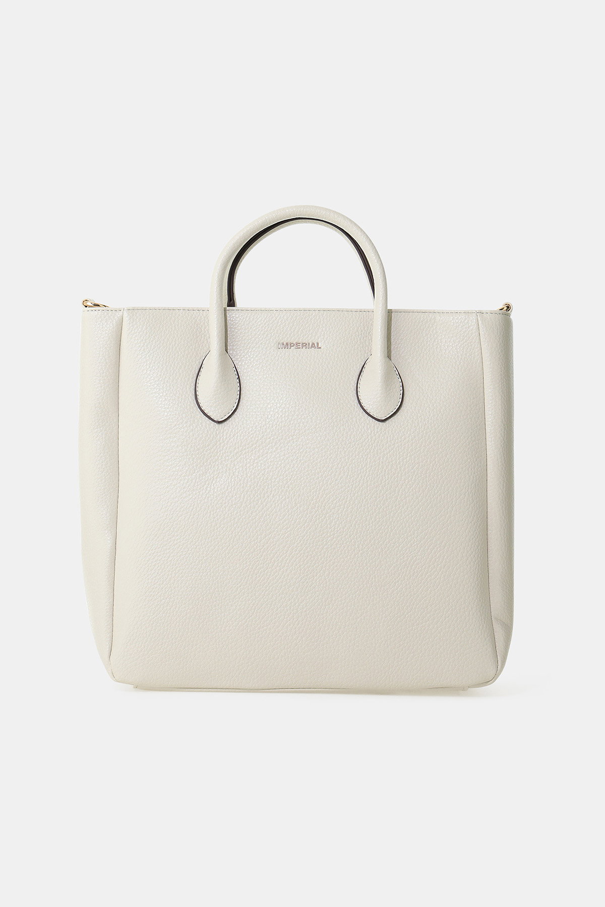 Cream pebble‑leather tote bag with double top handles, gold zip accents and subtle 'Imperial' logo, square structured silhouette