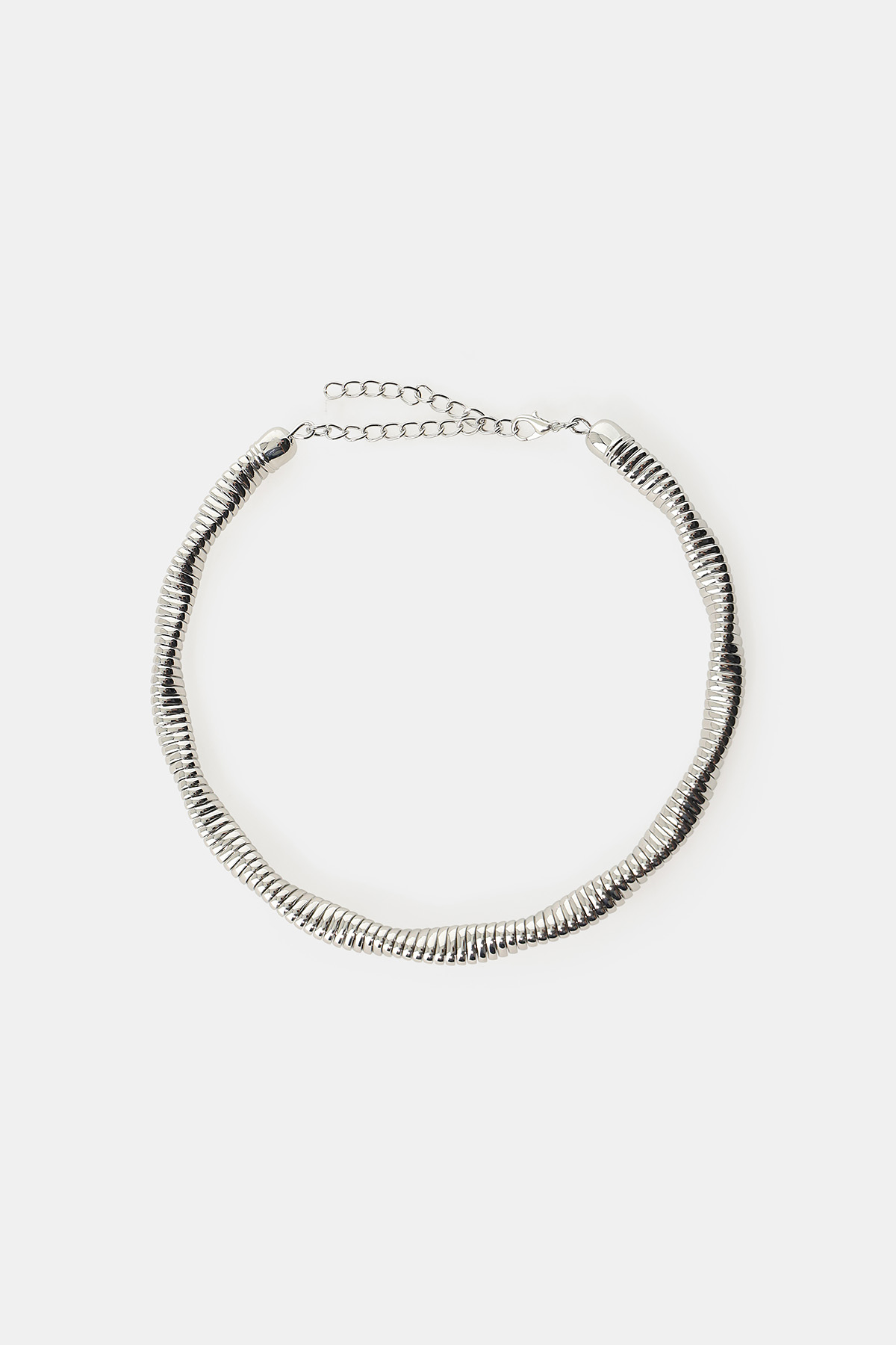 Polished silver snake‑chain choker necklace with adjustable extender clasp on white background