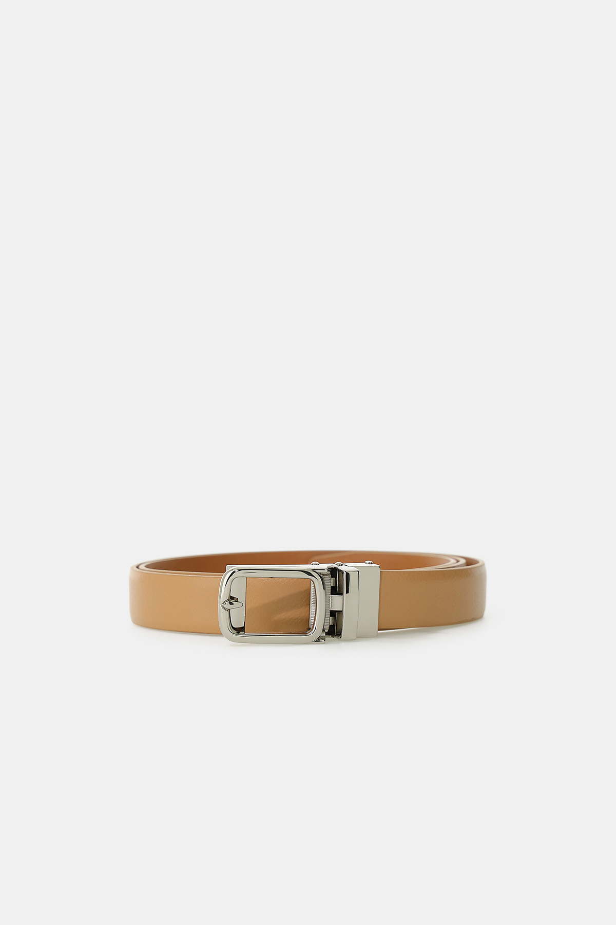 Tan leather belt with polished silver rectangular buckle, coiled flat on a white background