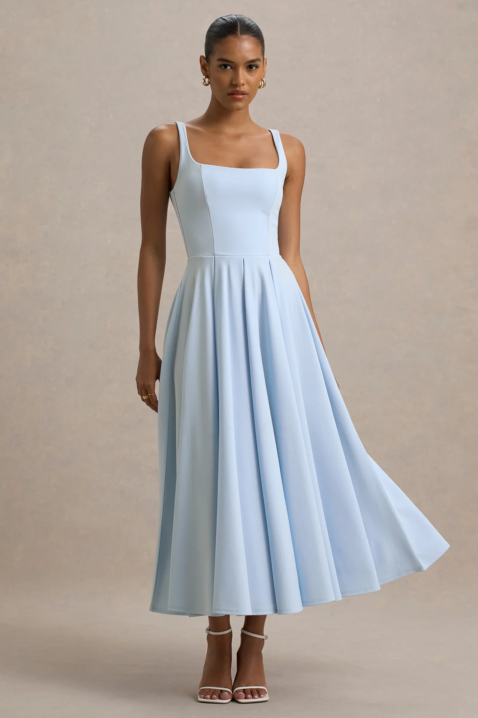 Image of Parina | Powder Blue Strappy Volume-Hem Midi Dress