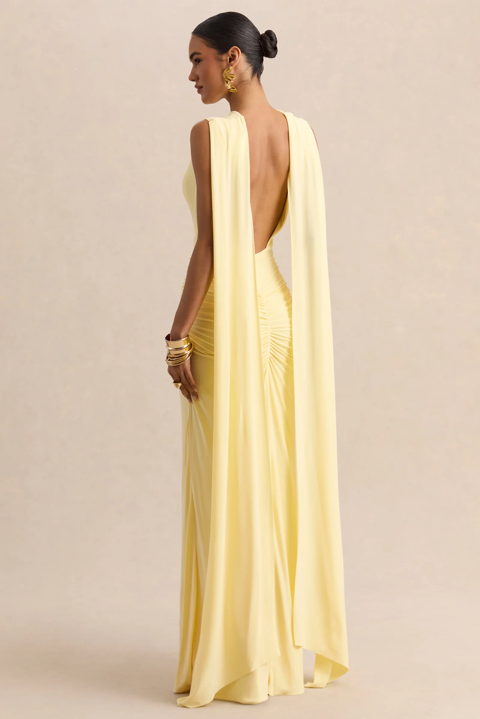 Image of Premiere | Lemon Boat-Neck Maxi Dress With Cape-Sleeves And Open-Back