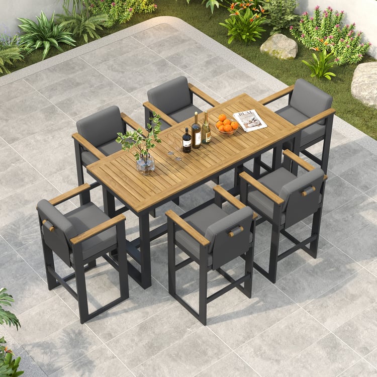 Tevara 7-Piece Outdoor Teak Wood Modern Bar Dining Table Set with 6 Chairs