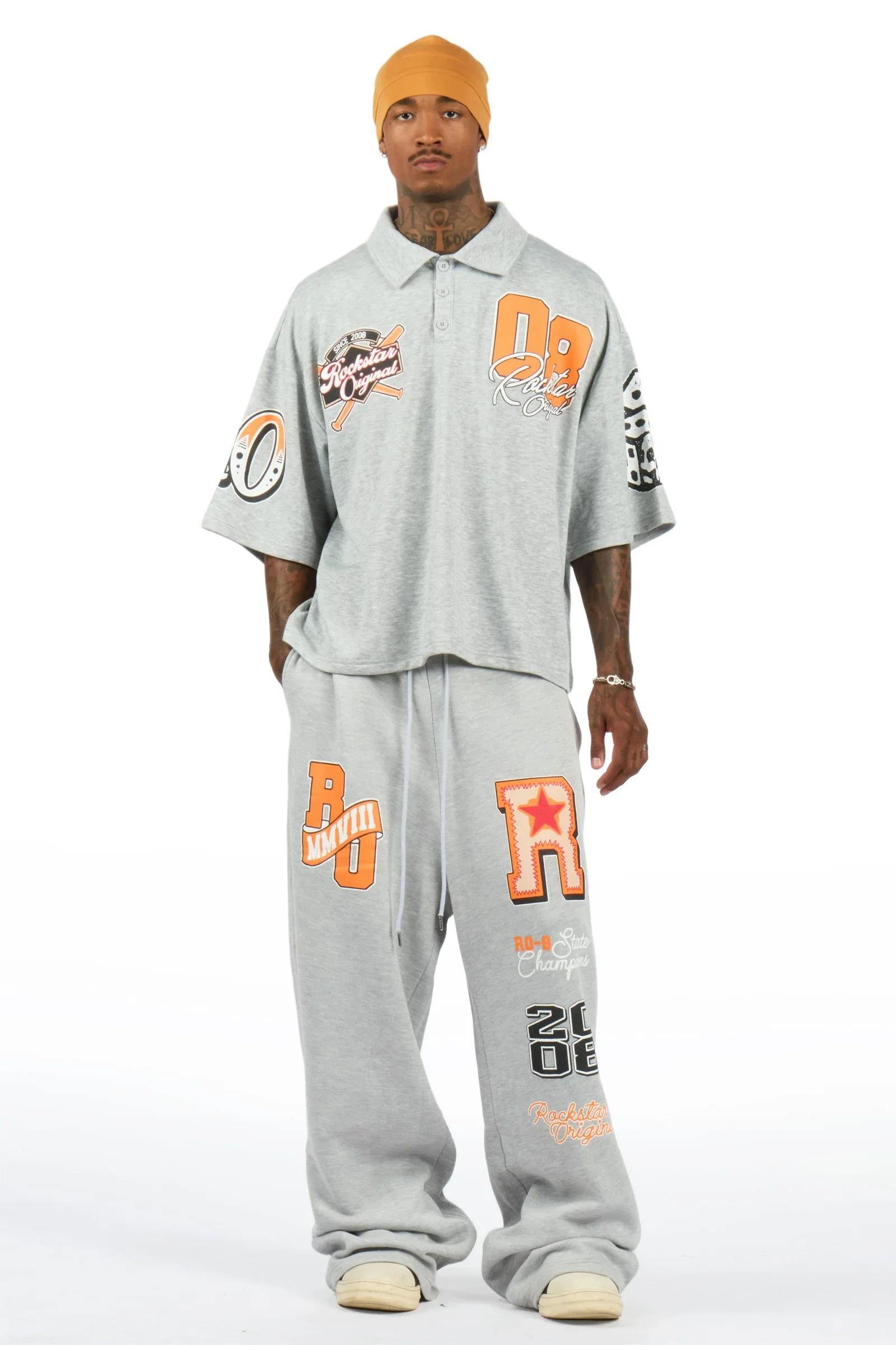 Image of Forbidden Heather Grey Crop Boxy Polo/Fleece Baggy Track Set