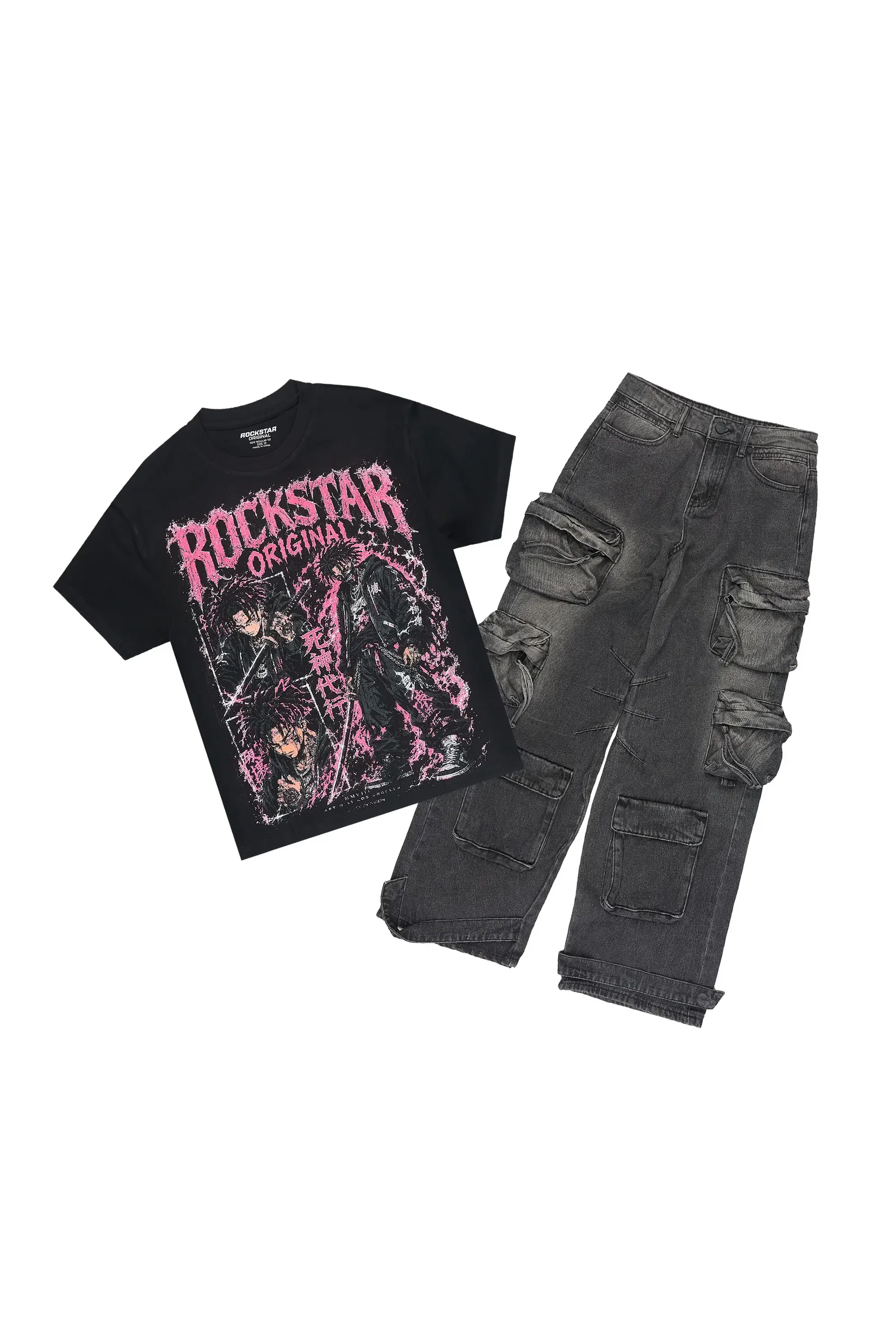 Image of Boys Brasko Black/Dark Grey T-Shirt Baggy Jean Set
