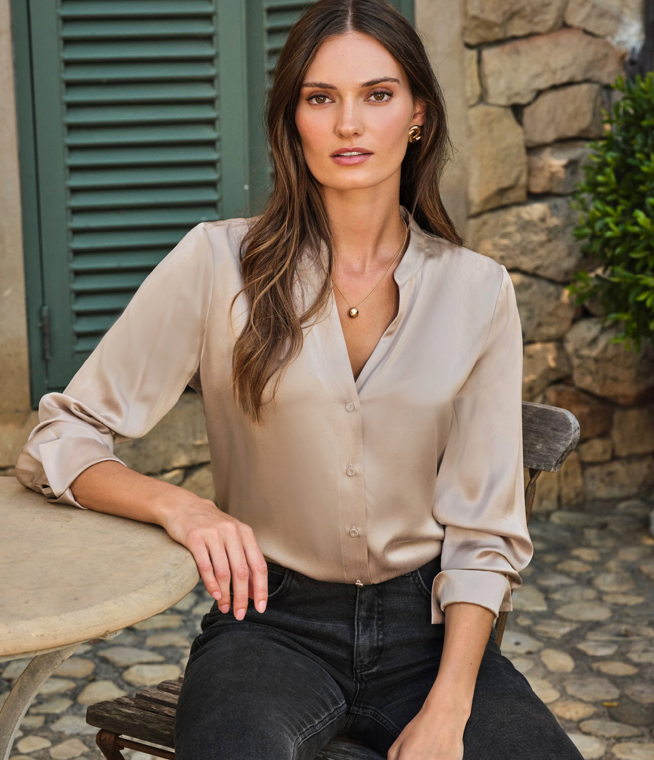 Pure Silk Collarless Relaxed Shirt