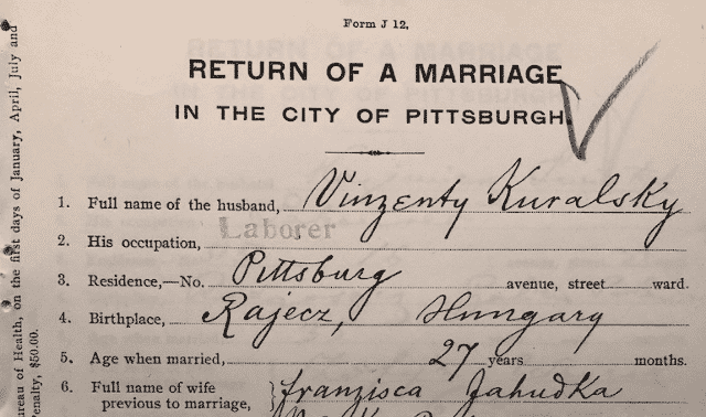 A document titled "Return of a Marriage in the City of Pittsburgh" with handwritten information including names, occupations, residences, and ages of the spouses.