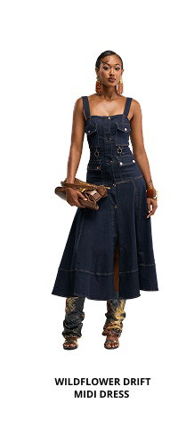 WILDFLOWER DRIFT MIDI DRESS IN DARK BLUE DENIM