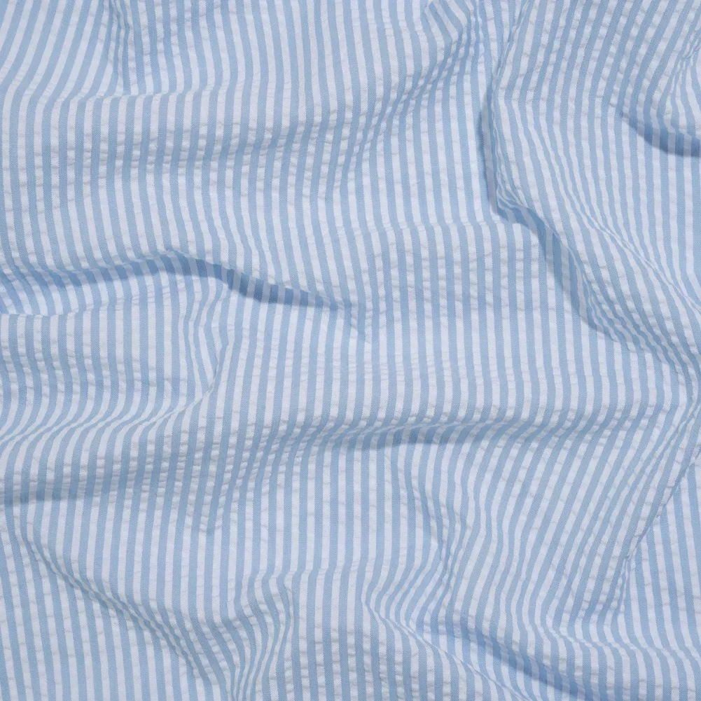 Image of Polyester and Cotton Seersucker - Light Blue and White Candy Stripes - Wylie Collection