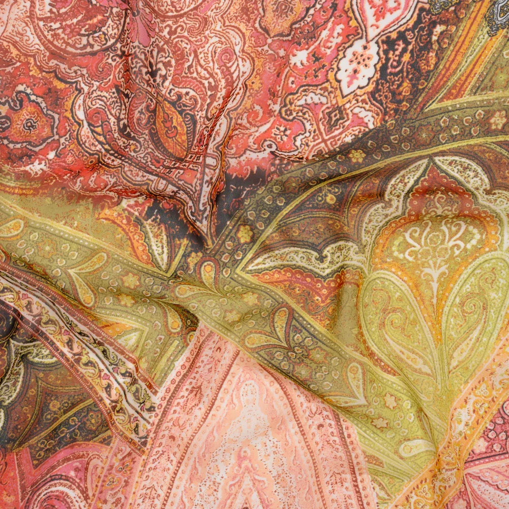 Image of Polyester Chiffon - Yellow and Coral Rose Ornate Paisley Patchwork - Designer Deadstock