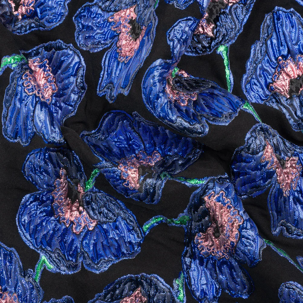 Image of Carolina Herrera Metallic Blue, Green and Black Poppies Polyester and Nylon Brocade