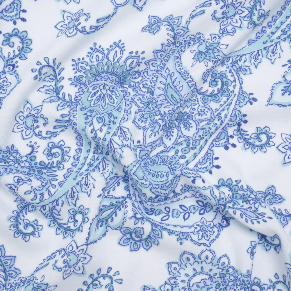 Image of Cotton and Polyester Jersey Print - White, Blue and Mint Green Paisley - Deadstock
