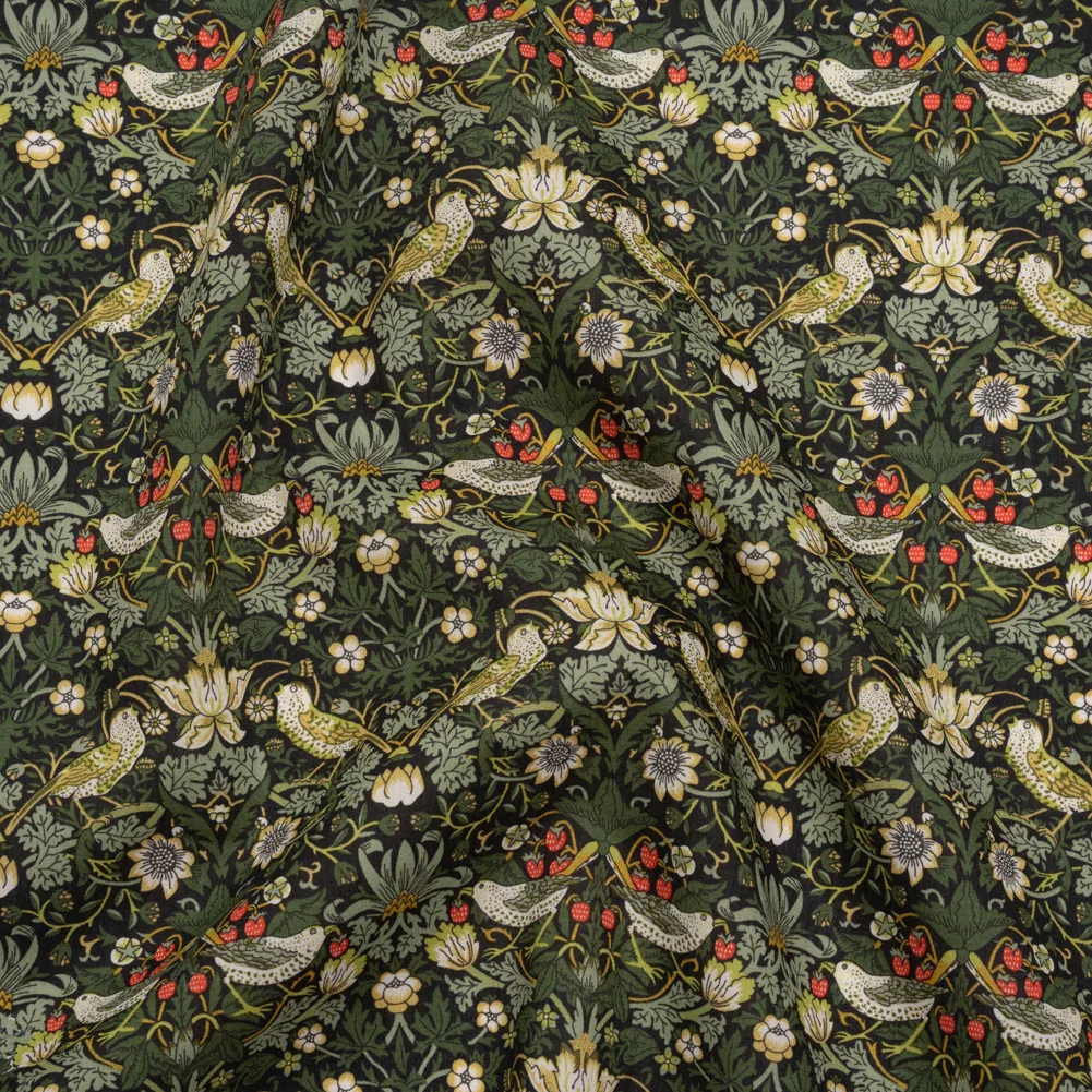 Image of Liberty Fabrics Tana Lawn® - Strawberry Thief Dark Green - Forest Green, Yellow Ochre and Red Birds, Berries and Flowers