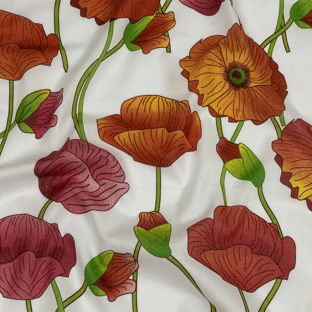 Image of Red, Orange and Green Big Poppies Cotton Lawn