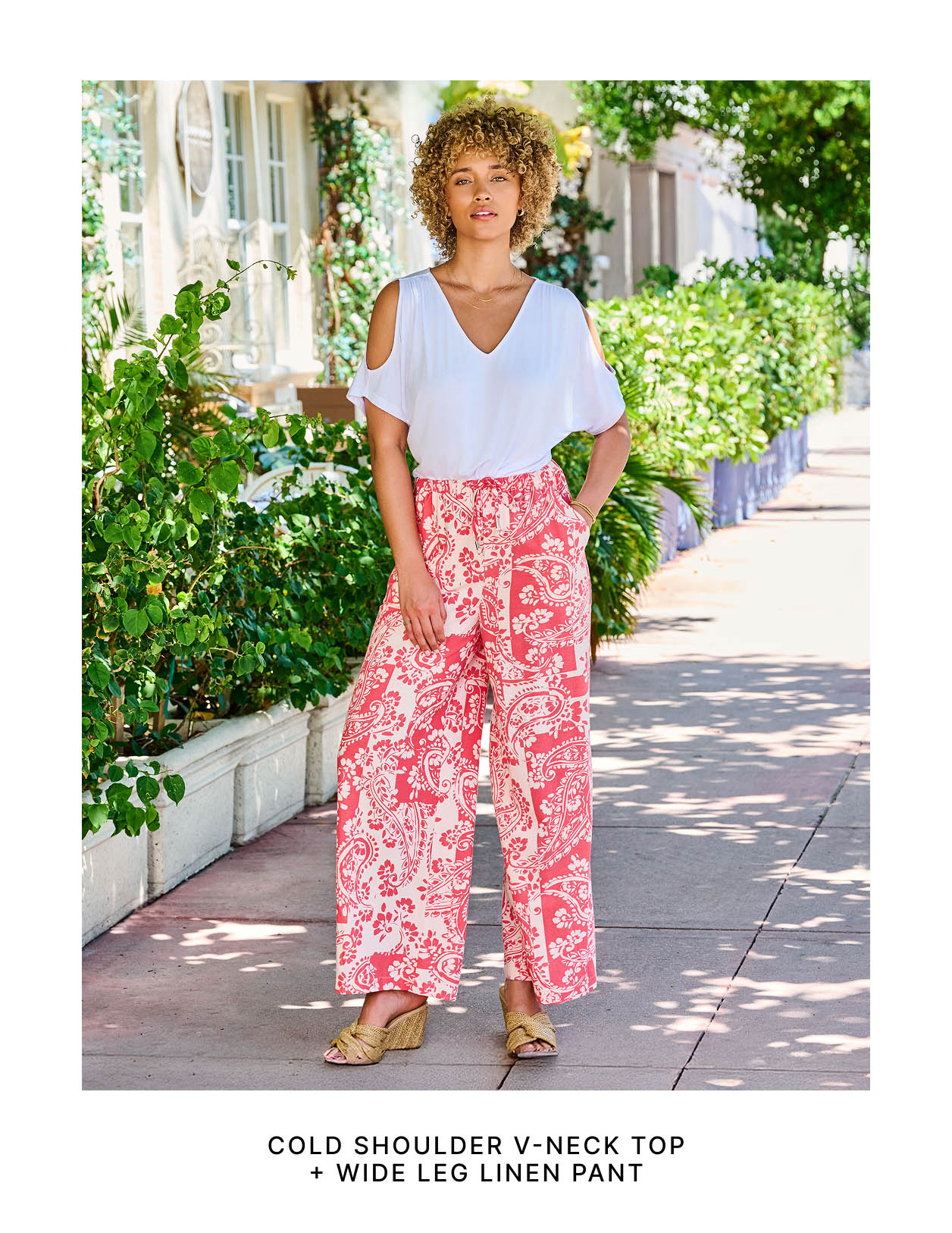 Cold Shoulder V-Neck Top + Wide Leg Linen Pant