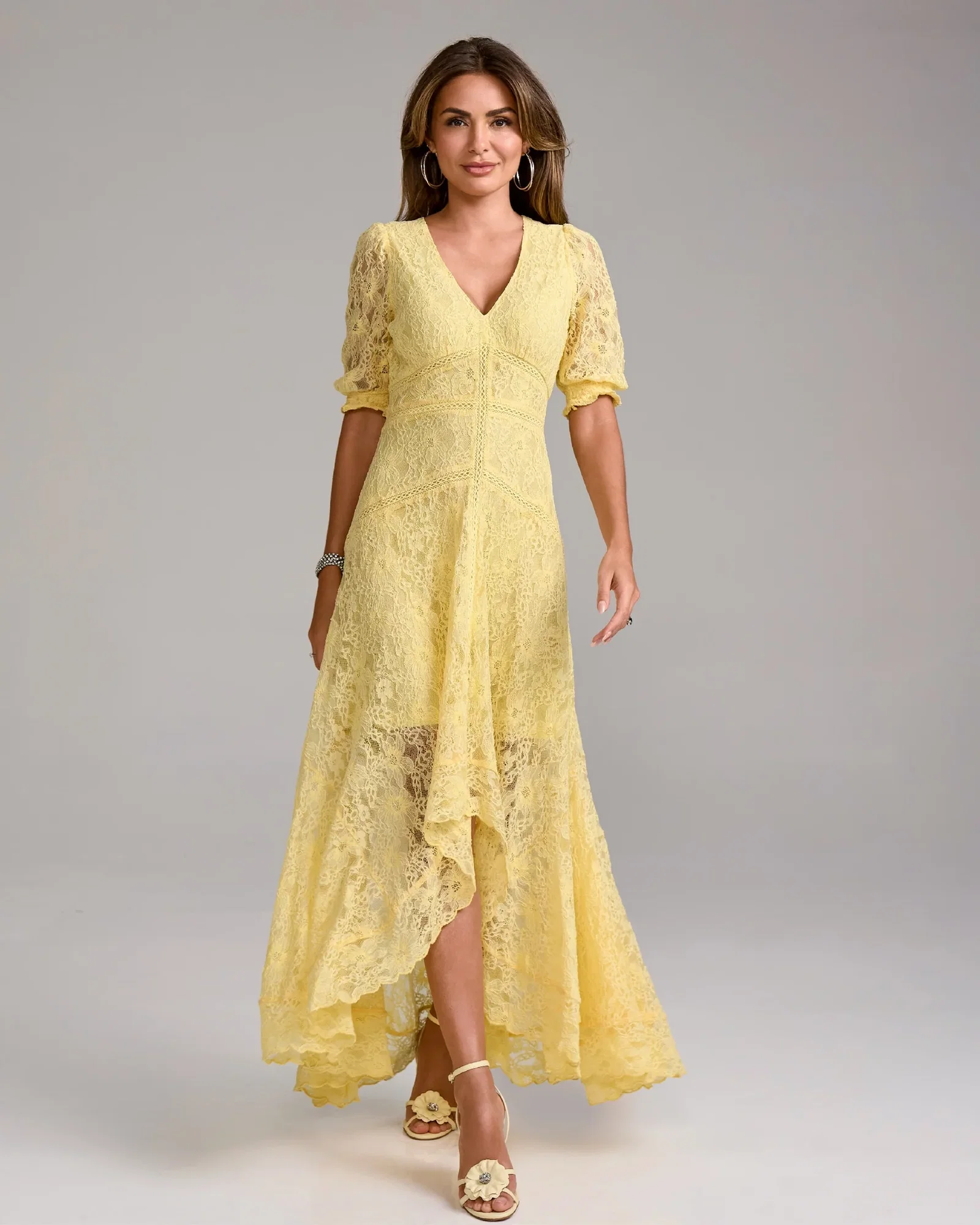 Image of Lace High Low Puff Sleeve Maxi Dress Yellow