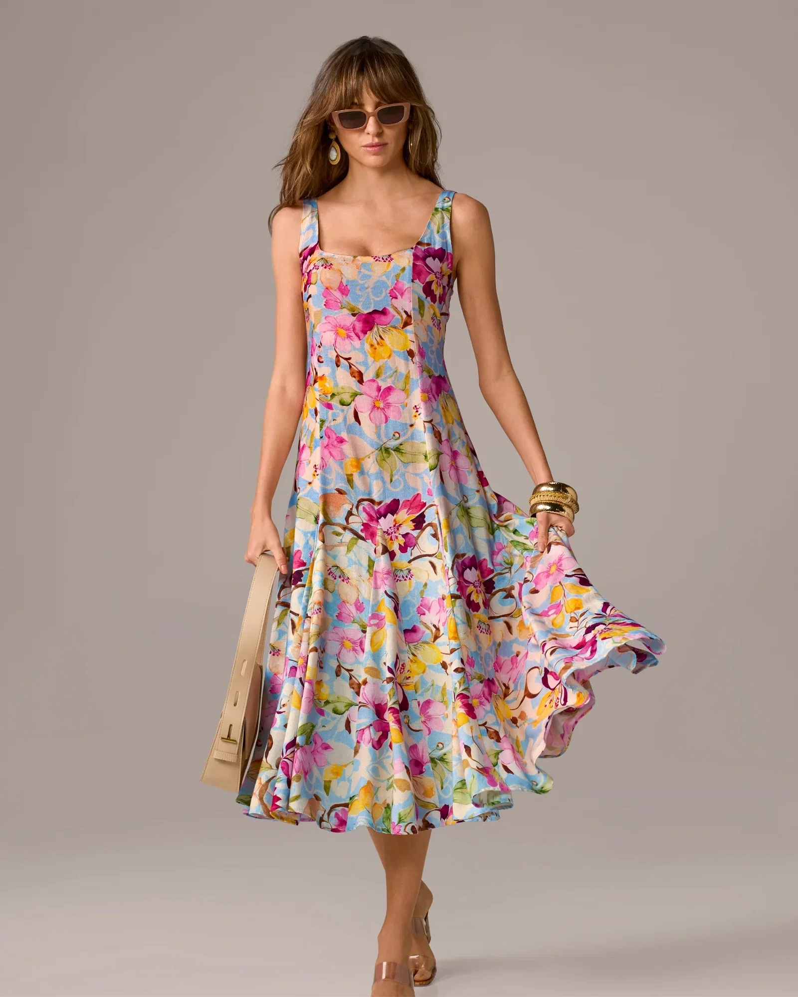 Image of Printed Square Neck Midi Dress Floral Swirls