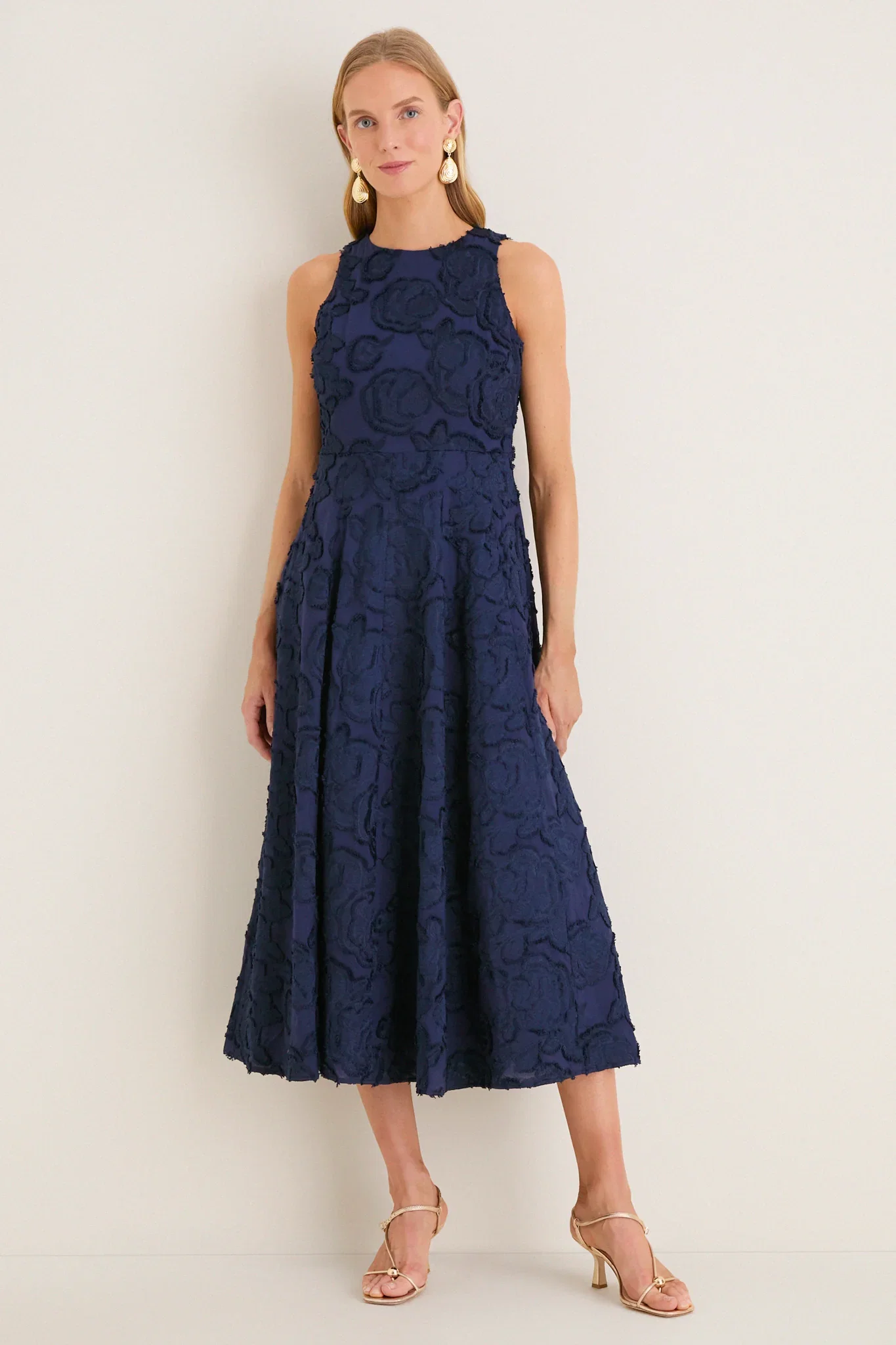 Image of Navy Textured Rose Floral Melina Midi Dress