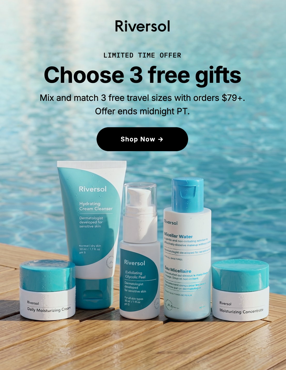 Get 3 free travel sizes of choice when you spend $79+! Ends midnight PT.