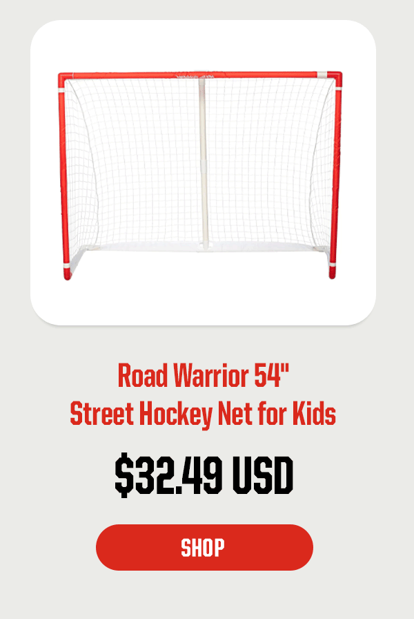 Product Block 3: Road Warrior 54" Street Hockey Net for Kids. $32.49 USD. CTA: Shop