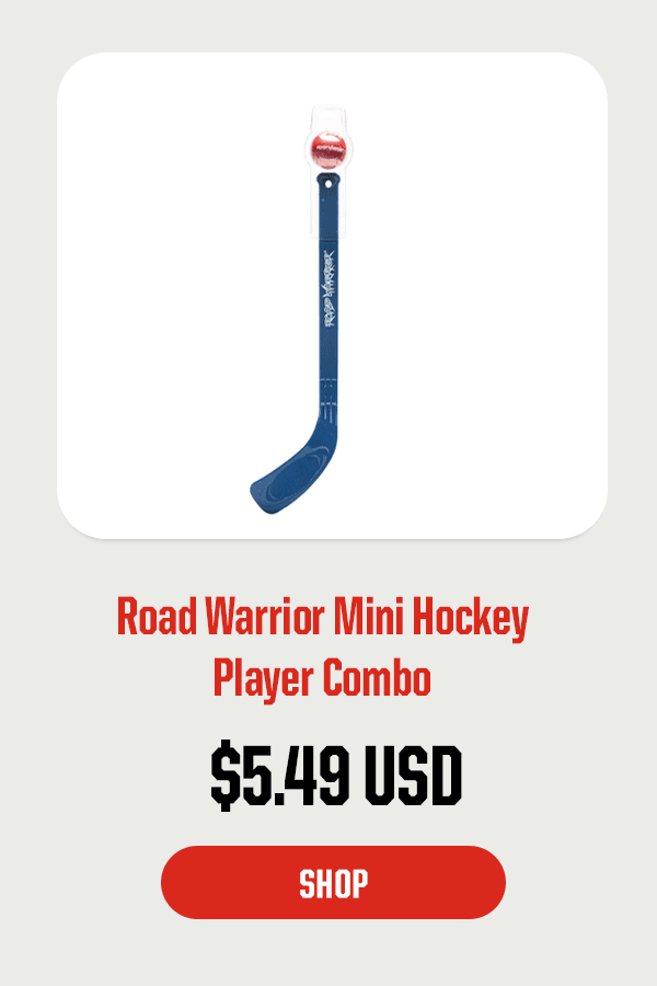 Product Block 6: Road Warrior Mini Hockey Player Combo. $9.99 USD. CTA: Shop