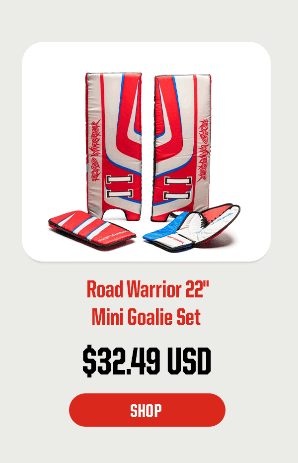 Product Block 1: Road Warrior 22" Mini Goalie Set. $32.49 USD. CTA: Shop