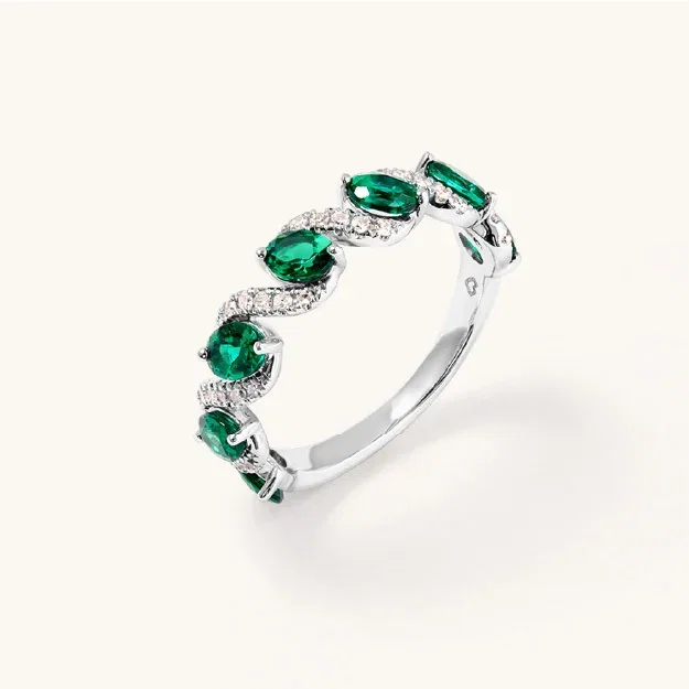 0.14tw Lab-Grown Diamond Oval Created Emerald Swirl Ring in Sterling Silver and Platinum