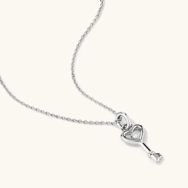 Lab-Grown Diamond Set Heart Key Necklace in Sterling Silver and Platinum