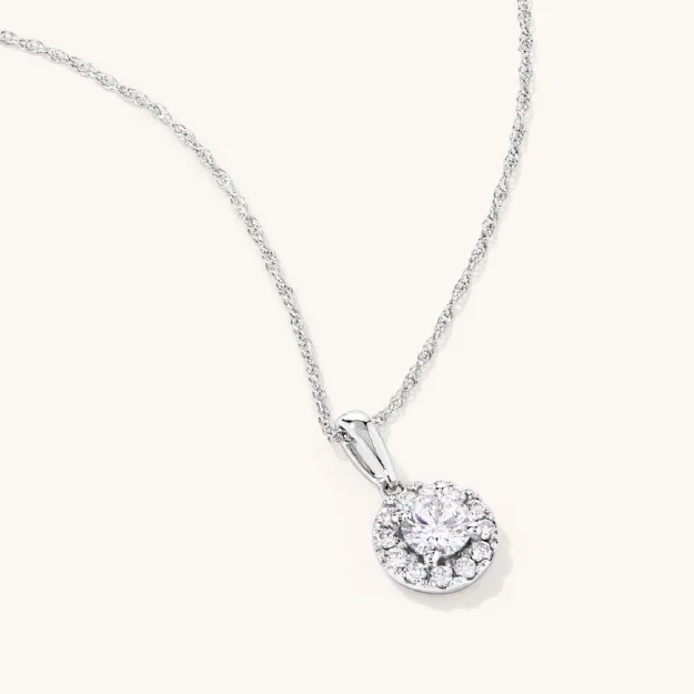 0.50tw Lab-Grown Diamond Halo Solitaire Necklace in Sterling Silver and Platinum