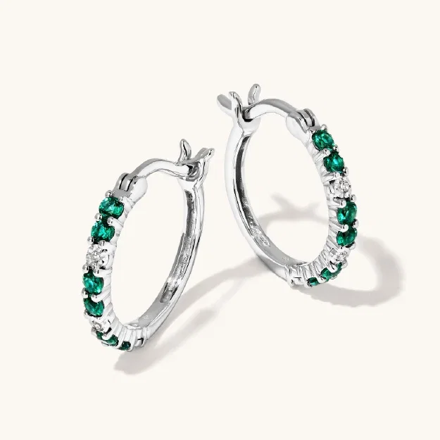 0.02tw Lab-Grown Diamond Hoop Earrings with Created Emerald in in Sterling Silver and Platinum