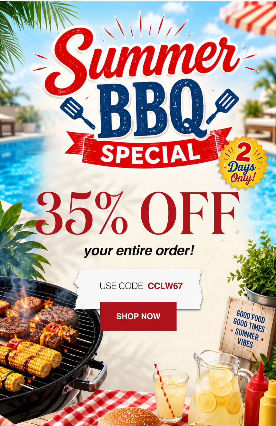 Summer BBQ Special 2 days only 35% Off your entire order!