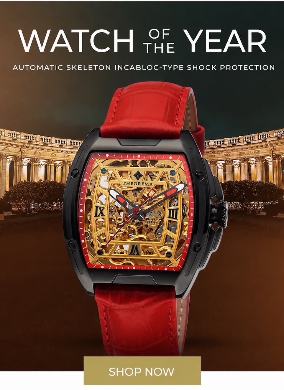A black case watch with red leather band with the writing on top WATCH OF THE YEAR