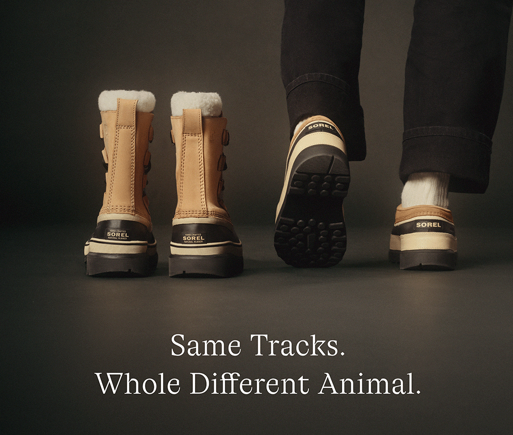 Same Tracks. Whole Different Animal. Photo of Ambler™ Clog next to Caribou™ Winter Boot.