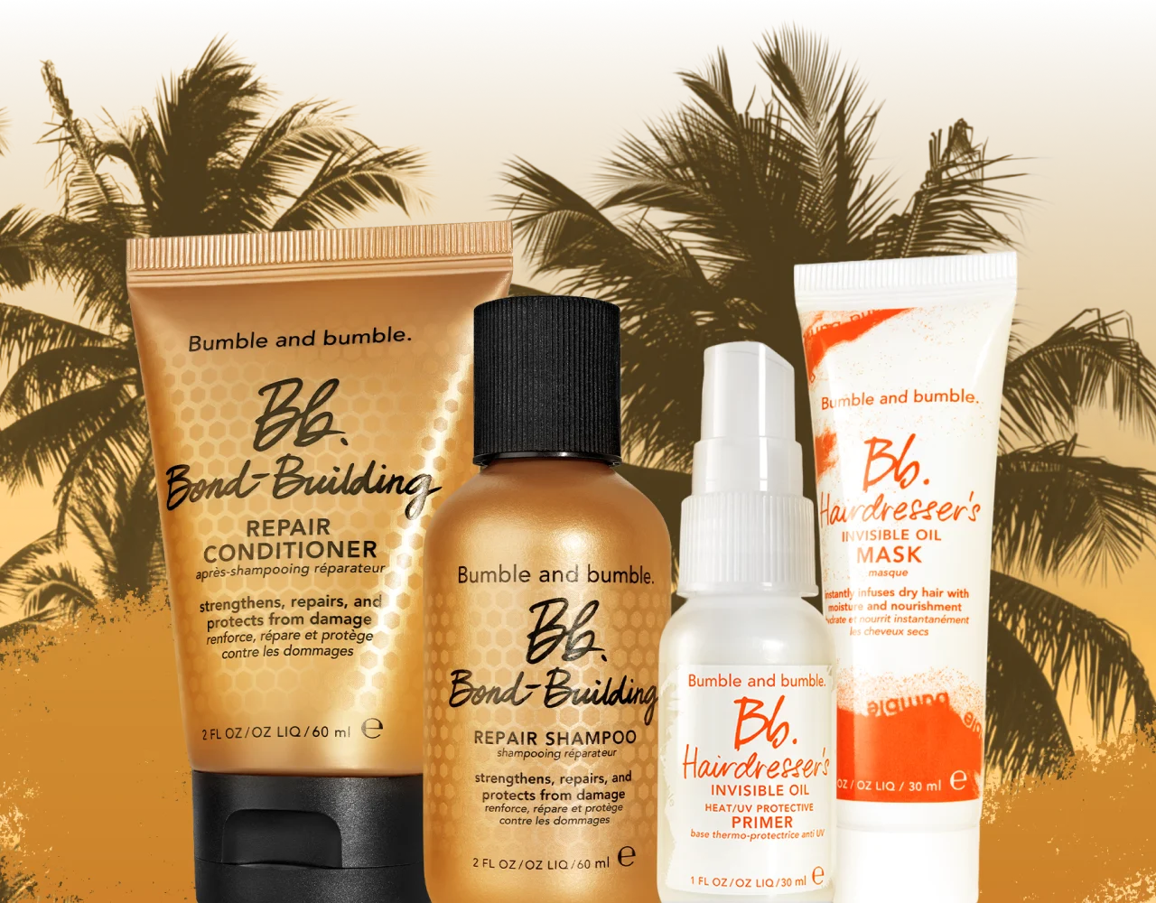 Four travel-size Bumble and bumble hair care products arranged against a tropical background of warm shades of orange and gold.