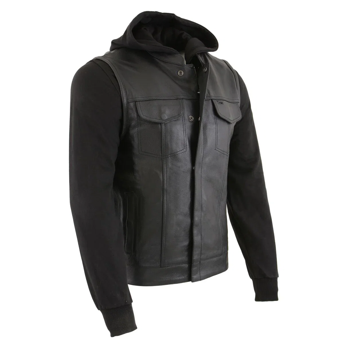 Image of Milwaukee Leather LKM3714 Men's Black Club Style '2 in 1' Zipper Leather Vest with Removable Full Sleeve Hoodie