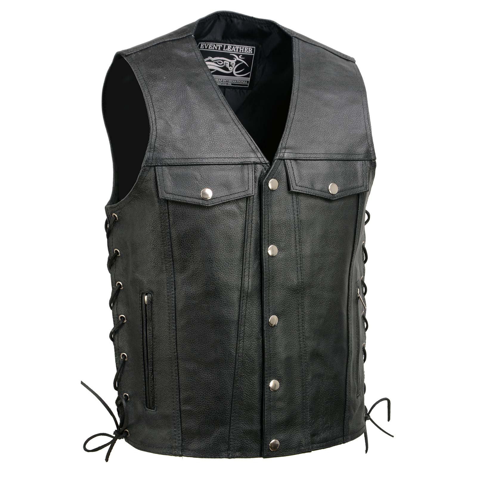 Image of Event Leather EL5360 Men's Black Leather Vest with Denim Style Pockets and Side Lace