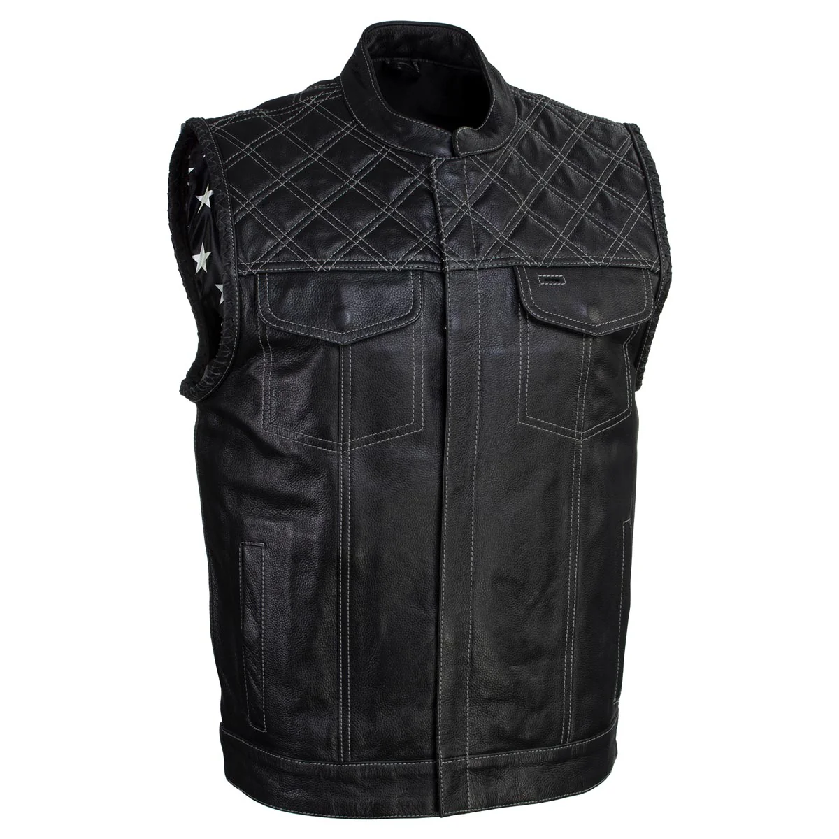 Image of Milwaukee Leather LKM3784 Men's Classic Black Leather Motorcycle Rider Vest Stars and Stripes Design w/ USA Flag Liner