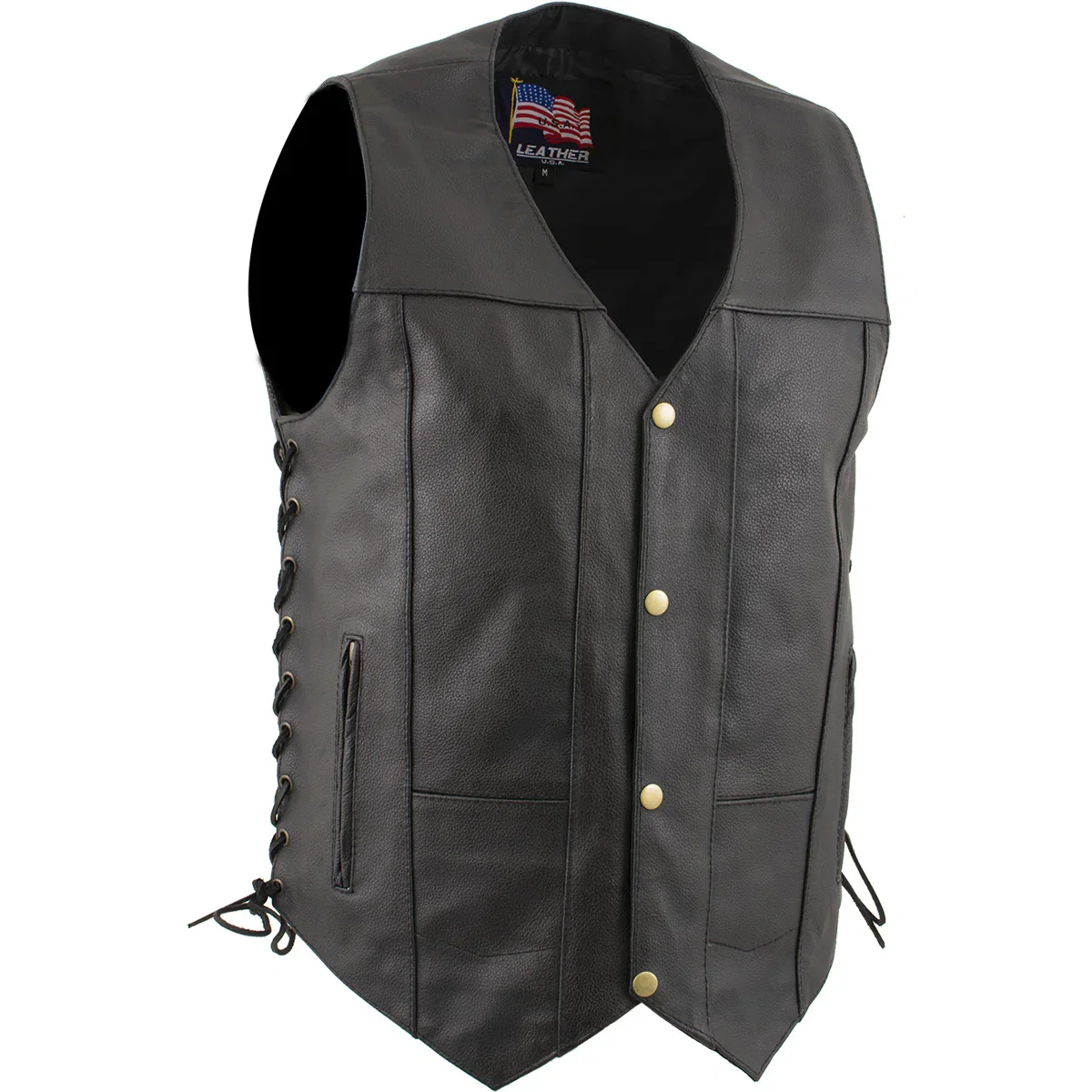 Image of USA Leather 1204 Men's Black 'Dime' Classic Leather Ten Pocket Motorcycle Biker Vest with Side Laces