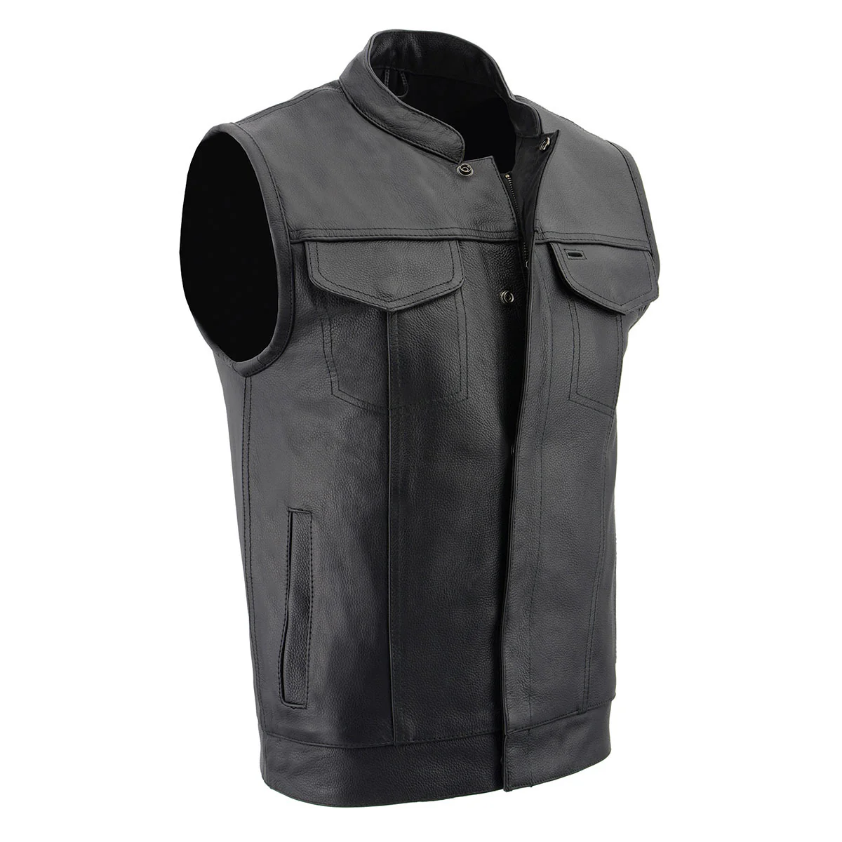Image of Milwaukee Leather LKM3713 Men's Black Leather Club Style Motorcycle Rider Vest W/ Dual Closure Zipper and Snaps