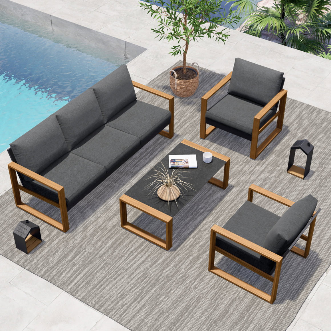 Grand Patio 5-Seat Conversation Sofa Set, All Aluminum Outdoor Furniture with Removable Cushions and Coffee Table