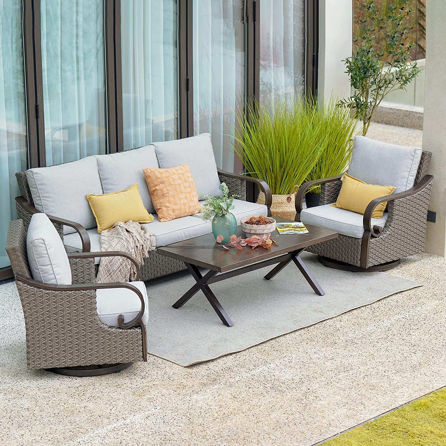 Grand Patio 5-Seat Conversation Sofa Set, Wicker Patio Furniture with Swivel Rocking Chairs and Cushions