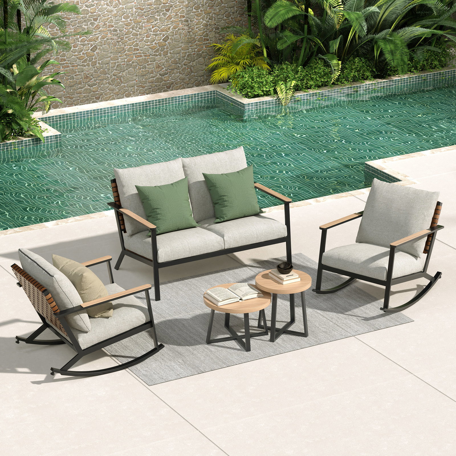 Grand Patio 4-Seat Conversation Sofa Set, Outdoor Rocking Bistro Set with Thick Cushions