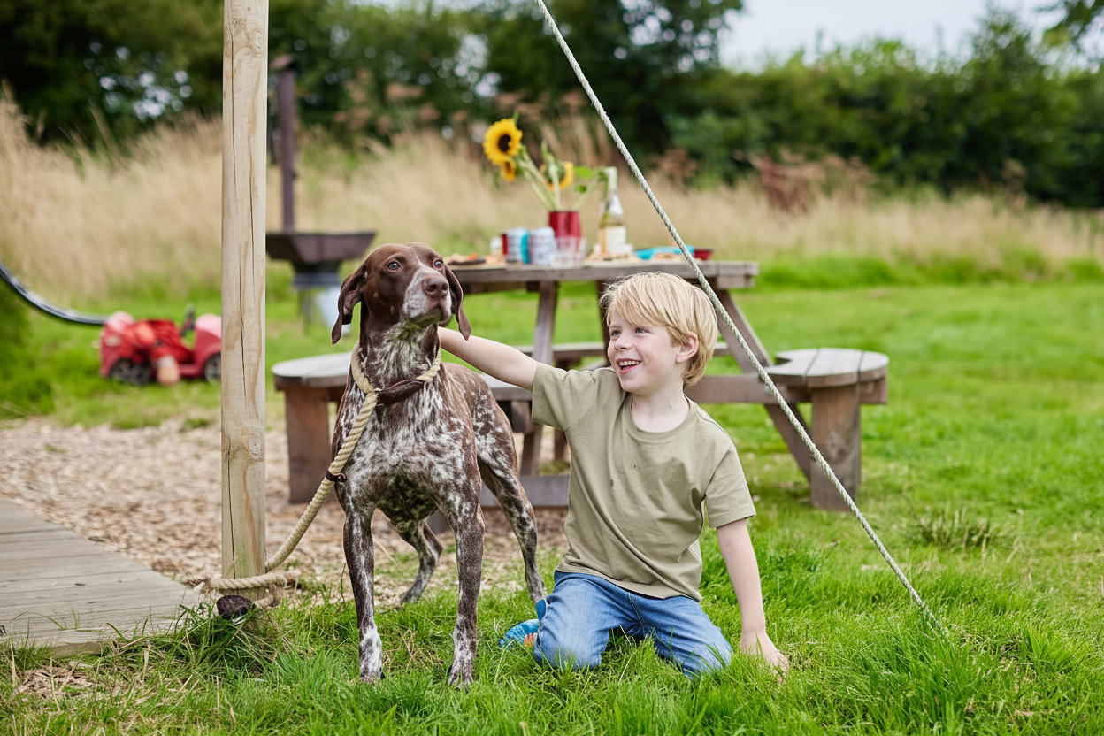 A boy pets his dog in a grassy yard next to a picnic table.