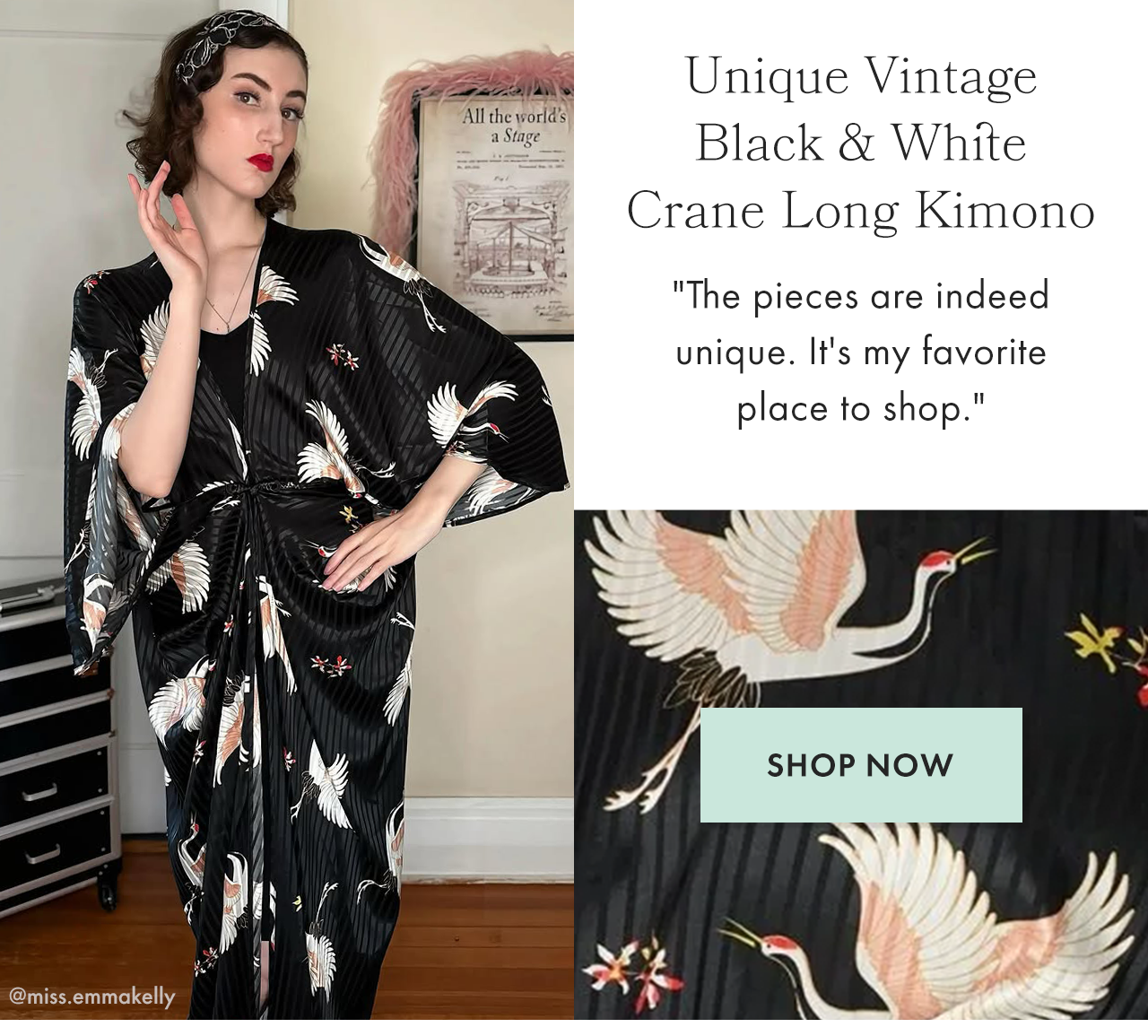Unique Vintage Black & White Crane Long Kimono