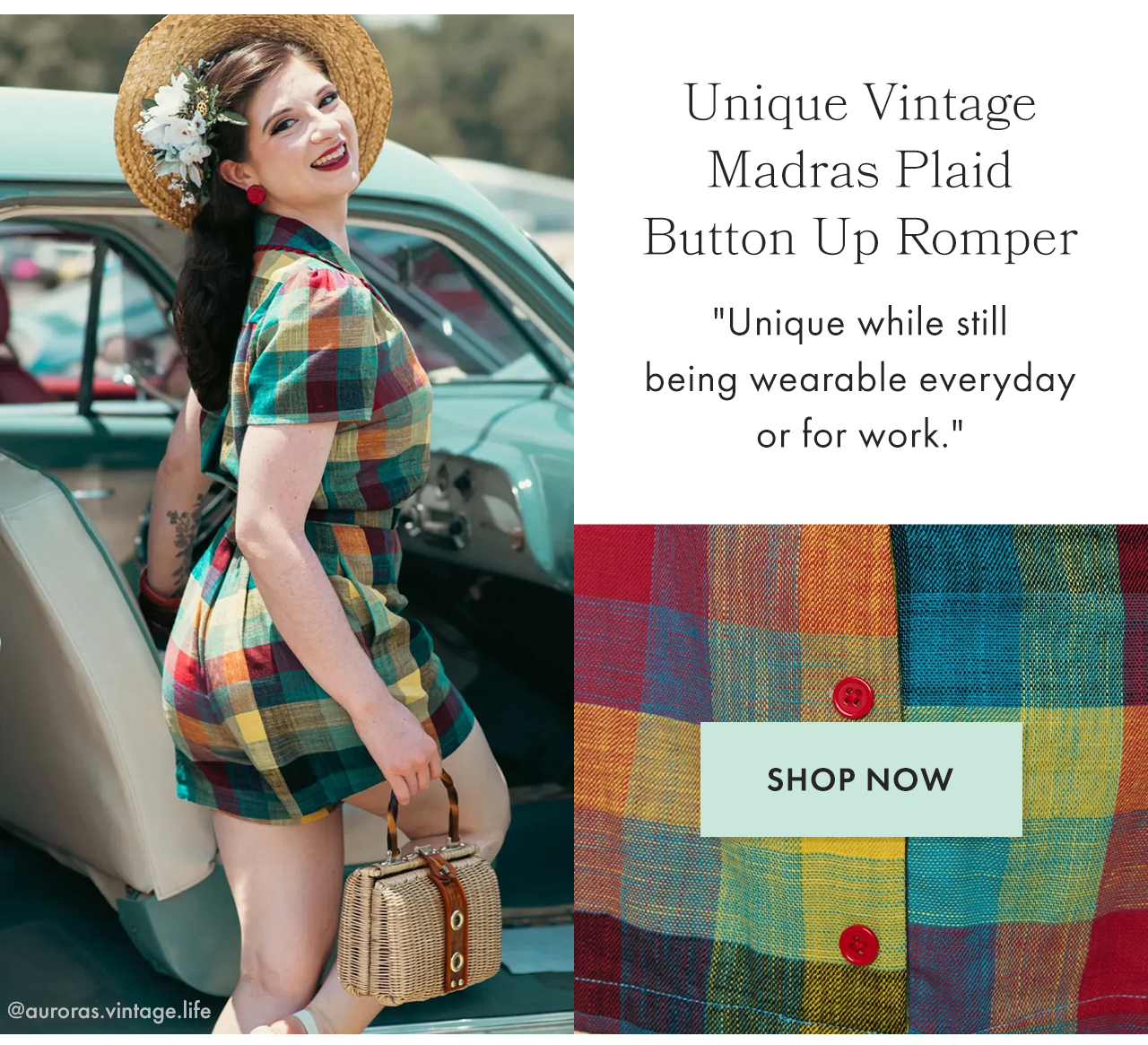 Unique Vintage Madras Plaid Button Up Romper