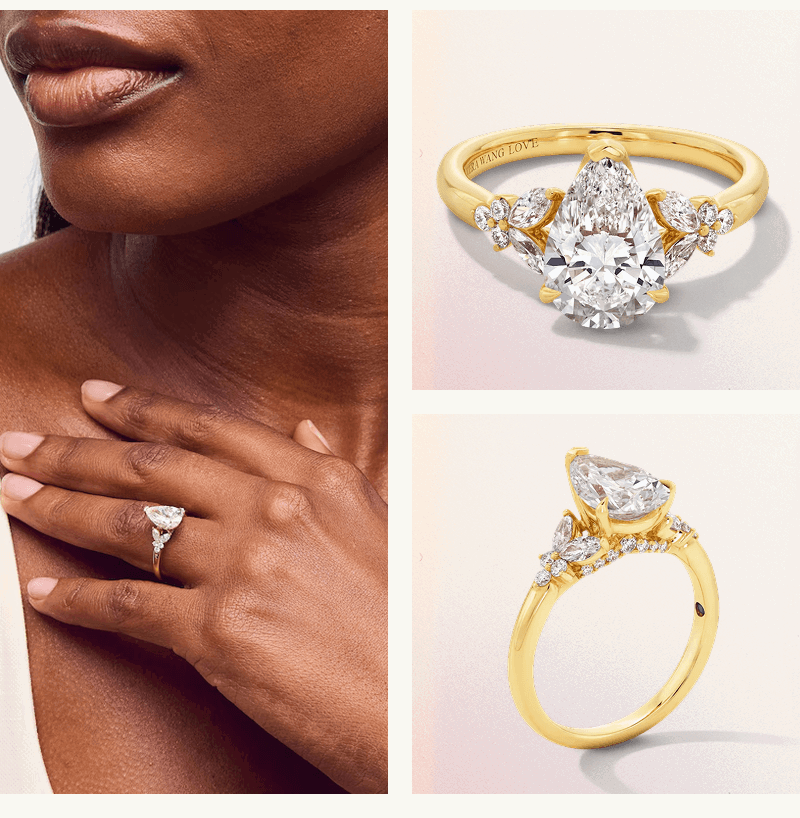Views (product shot & lifestyle) of gold ring, set with brilliant pear-cut center diamond & diamond detailed halo.
